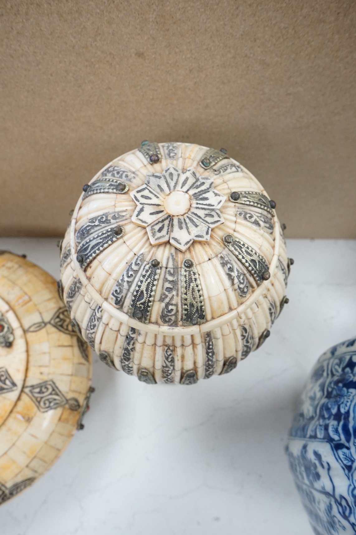 Four Indian camel bone veneered vases and boxes, tallest 30cm high
